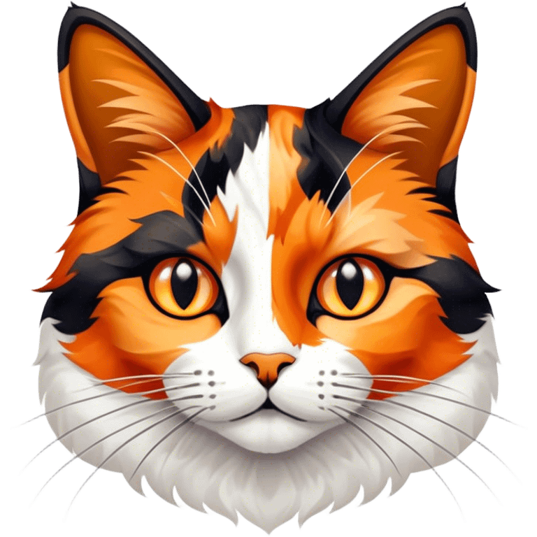 Cinematic Noble Calico Cat Portrait Emoji, Poised and regal, with a striking patchwork fur in vibrant orange, black, and white hues, delicate whiskers and a refined, focused gaze, simplified yet exquisitely detailed, glowing with a soft, moonlit radiance and an air of aristocratic elegance, high shine, exuding dignified intelligence and poised authority, soft glowing outline, capturing the essence of a watchful and noble calico cat that appears ready to grace the screen with effortless majesty! emoji