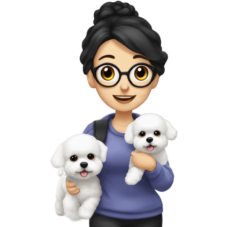 A cute and happy bichon frise with a hair in a bun black hair woman at the airport  emoji