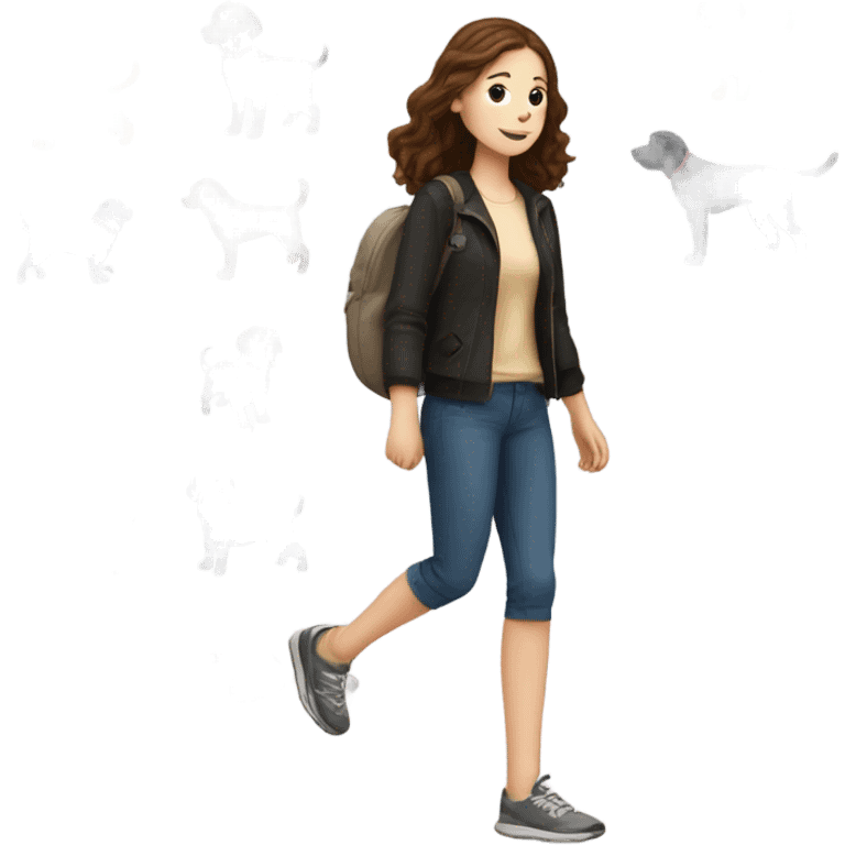 White girl with wavy brown hair walking a black Labrador emoji