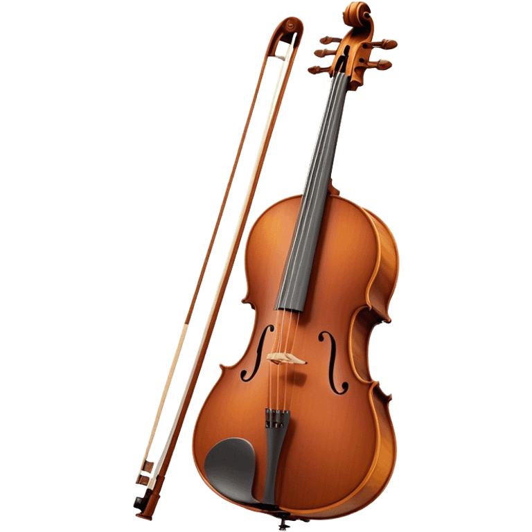 Create an elegant and refined emoji representing a Cremona 4/3F 4/4 cello with bow. The design should feature the distinctive, finely crafted body of the cello, highlighting its rich wooden finish and gracefully curved shape. The bow should be included, with visible horsehair and a polished wooden stick. Add subtle details like tuning pegs and strings to emphasize the precision and craftsmanship of the instrument. Use warm wood tones, deep brown, and soft metallic accents to reflect the high quality of the Cremona cello. The background should be transparent. emoji