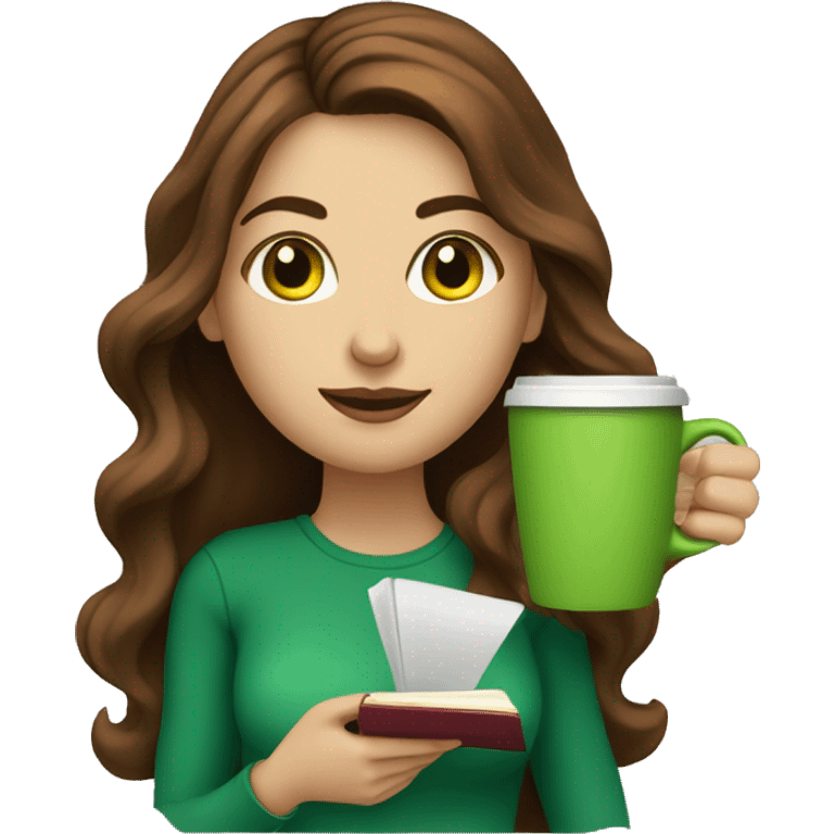 woman with long brown wavy hair, green eyes, holding a book and a coffee cup emoji