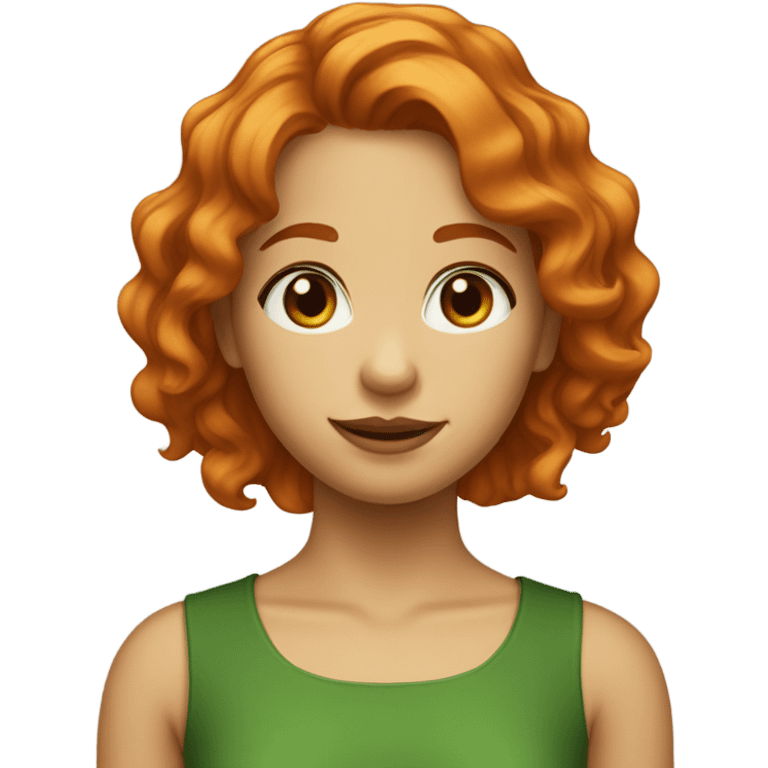 wavy orange haired girl with brown eyes and a green top emoji