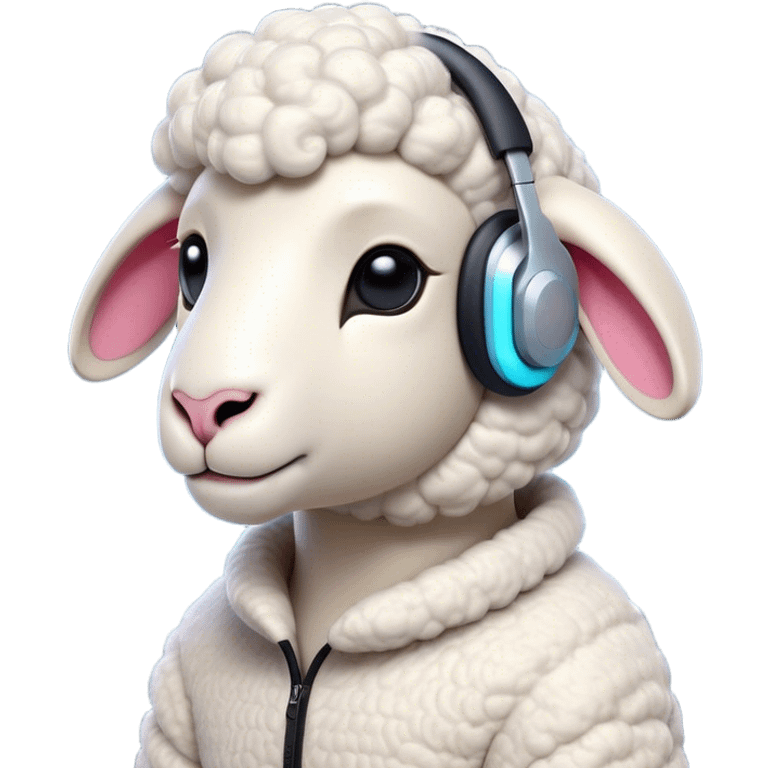 Modern emoji-style sheep character with minimalist features and a distinctive high-tech earpiece that wraps around one ear. The earpiece should be sleek, futuristic and glowing in a vibrant color that contrasts with the sheep's clean white body. The sheep has a trendy asymmetrical wool haircut with one side featuring an undercut style. Simple, bold shapes with minimal details but with a confident, slightly smirking expression. emoji