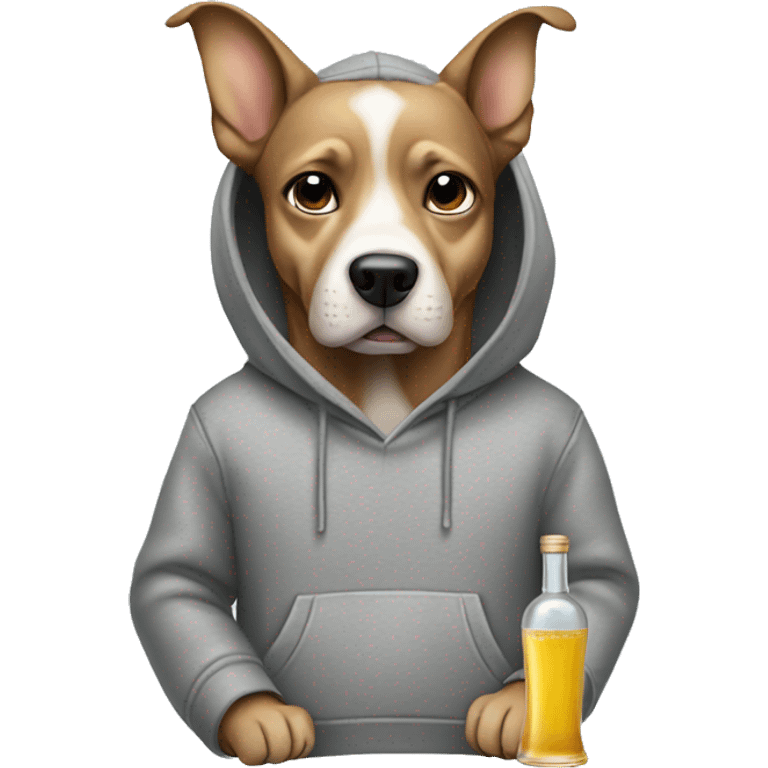 Dog wearing a grey hoodie holding a tequila bottle emoji