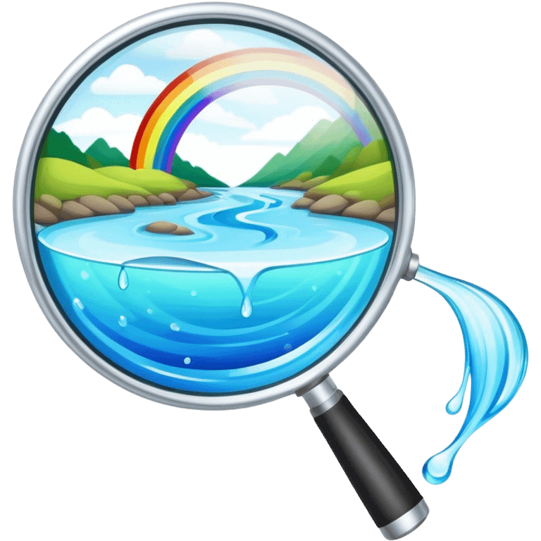 a magnifying glass with a rainbow river flowing through it and passing by emoji