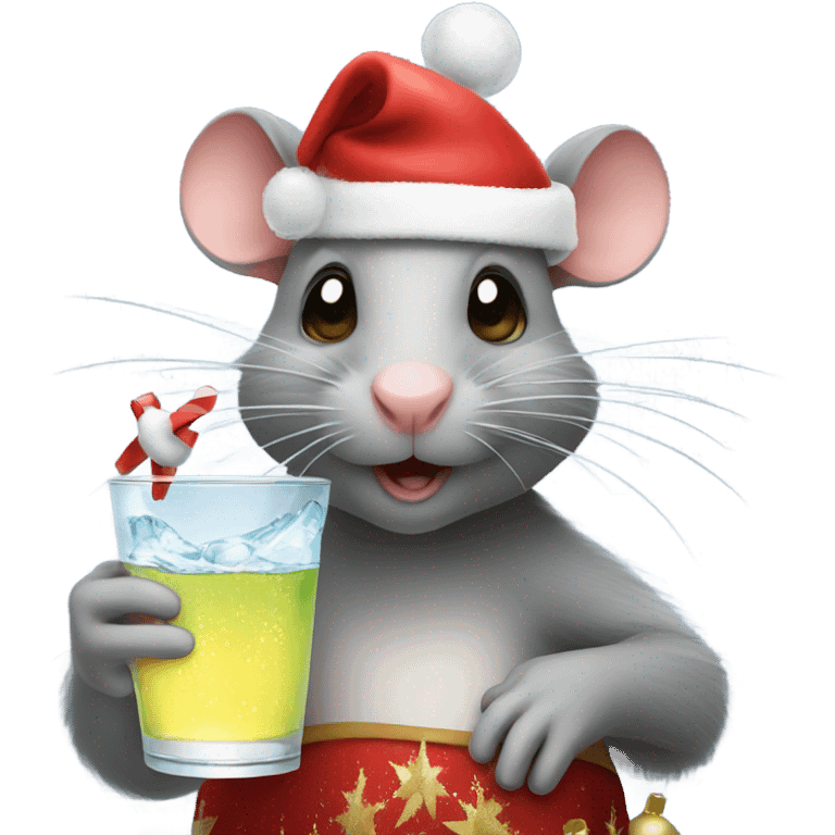 a rat with a glass of sparkling water. While wearing a Christmas hat emoji