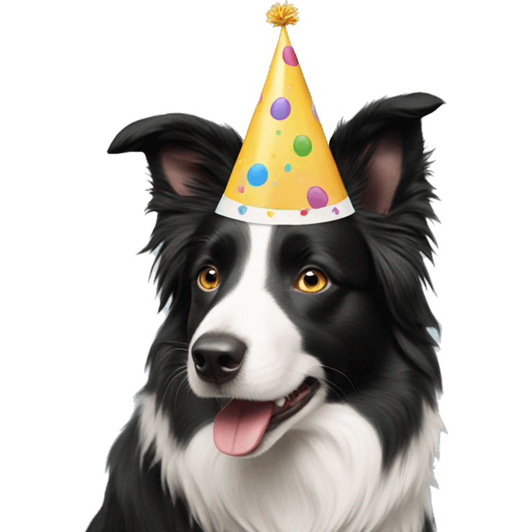 Border collie wearing a birthday hat emoji