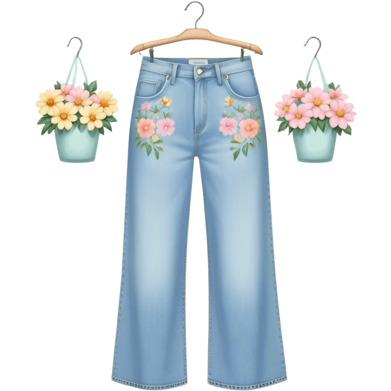 light wash denim wide leg jeans with pastel flowers painted on them on hanger emoji