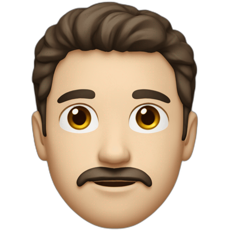 A young Caucasian man with dark brown eyes, almond-shaped eyes, short dark brown hair, and a small dark brown beard with a more prominent mustache. emoji