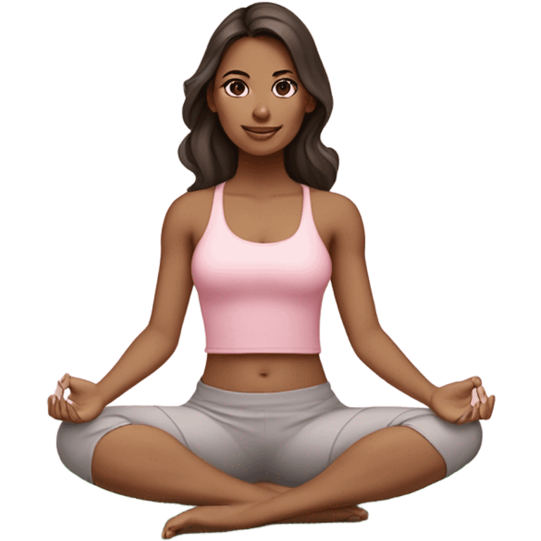 Dark brown long hair and green eyes yoga beautiful girl in light pink pink pink clothes sitting on a yoga mat emoji