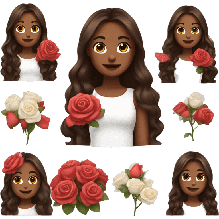 Beautiful, rose, red, flowers in hair, long dark brown hair, white fair skin emoji