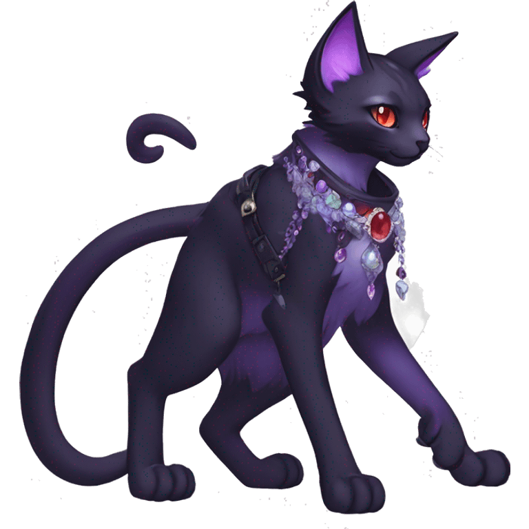 cool kawaii cartoon edgy distinguished ethereal elegant beautiful fantasy black purple red ethereal fantasy nargacuga-Noivern-cat-Quiana-Fakemon collar harness moon gem jewels full body emoji