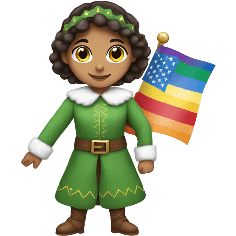 Hispanic girl in elf costume with pride flag emoji