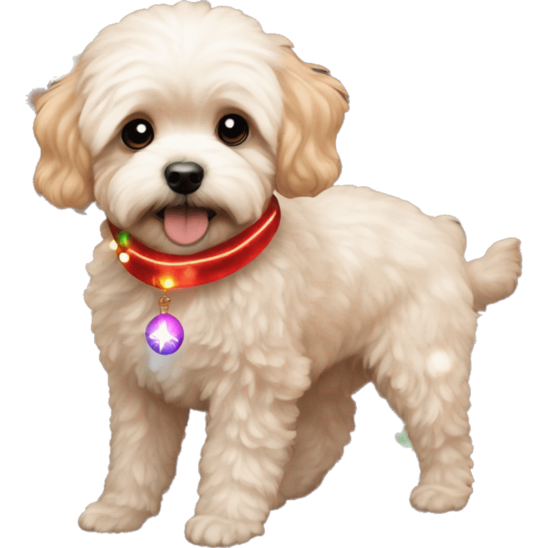 Red maltipoo with Christmas lights decorated around its neck emoji