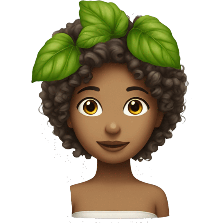 A girl with curly hair and a leaf of basil in her hair emoji