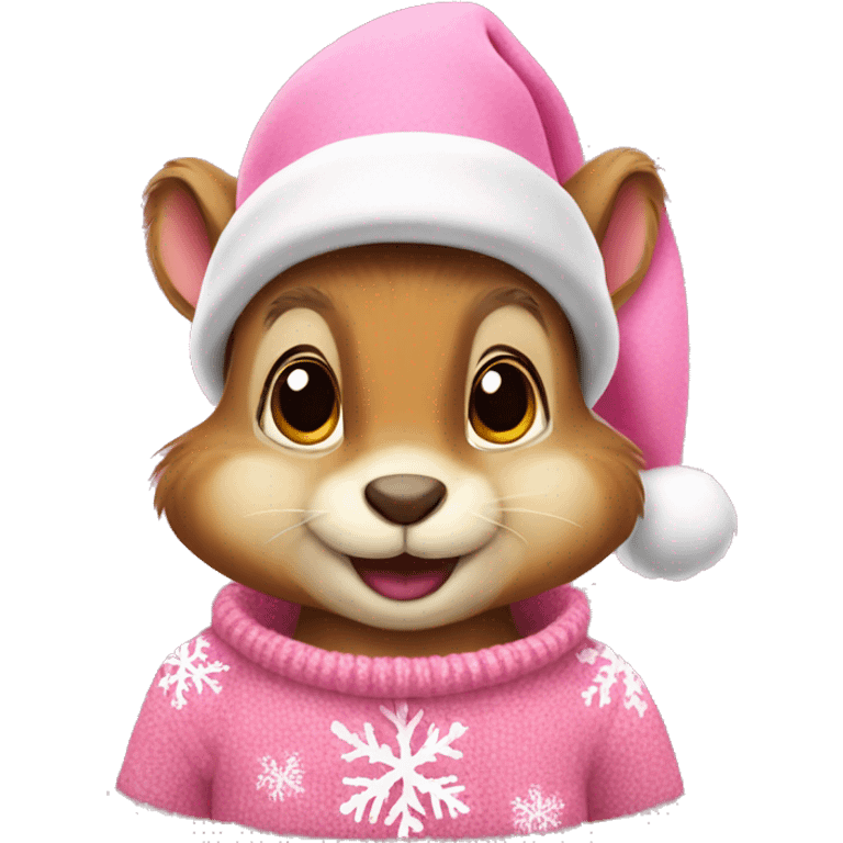 Squirrel with a pink snowflake sweater and pink Santa hat emoji