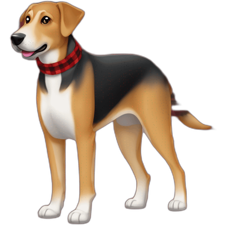 adult 75% Coonhound 25% German Shepherd mix dog with visible tail wearing small pointed red buffalo plaid bandana full body walking left quickly emoji