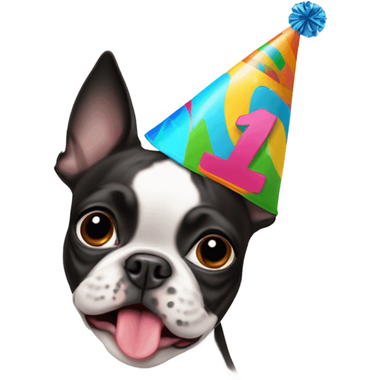 Boston terrier wearing birthday hat and # emoji