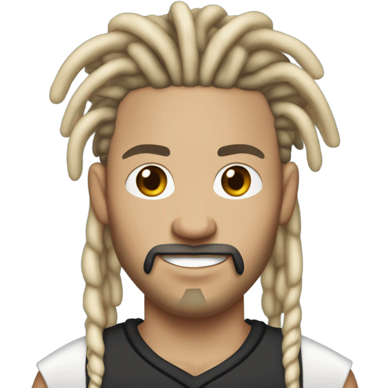 very light skin with freckles guy almost pale with 2 strand black dreads yelling with basketball jersey and diamond chain on with dread that are long to his shoulders.  goatee and mustache. no beard or side burns. black hair and lack facial hair emoji