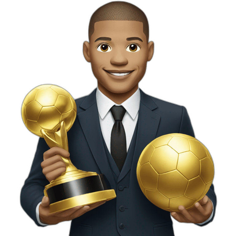 Mbappé in suit and tie with the Golden Ball trophy winner emoji