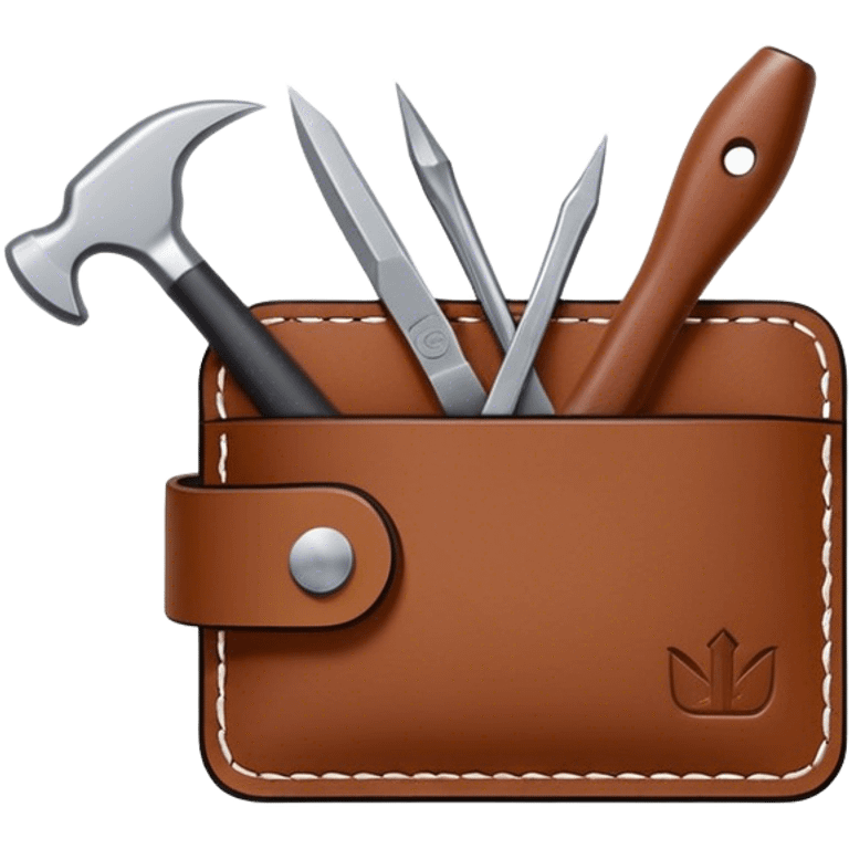 Leatherworking icon, piece of raw leather being crafted into a leather wallet or belt, professional tools like leather stitching awl, edge beveler, hammer, prying tool, minimalistic style, clean lines, transparent background. emoji