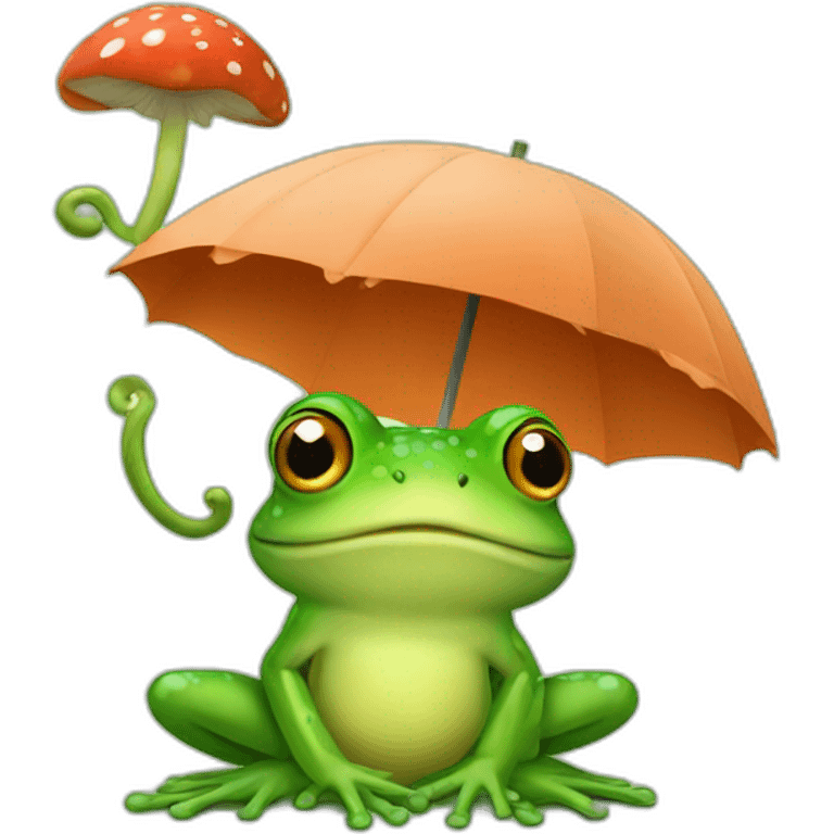 A frog using a mushroom as an umbrella emoji