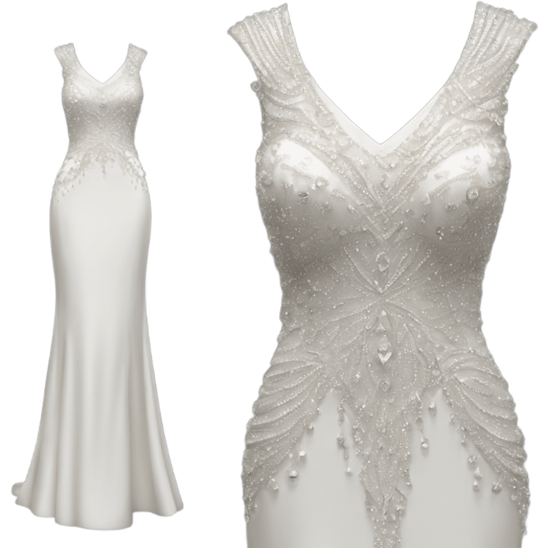 Hyper Realistic ornate 
Minimalistic diamonds and peals sheath Wedding dress displays emoji