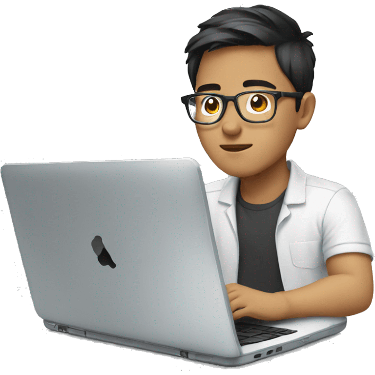 young asian man with glasses working laptop emoji