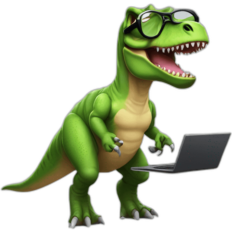 t-rex wearing glasses with sport outfit and a computer emoji