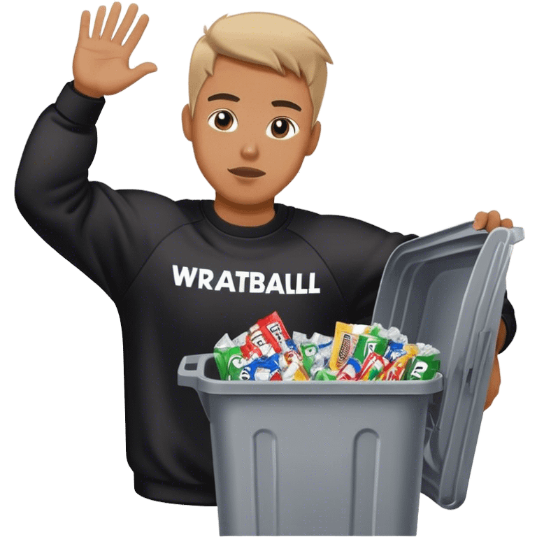 Man with black sweatshirt that says FOR THE HOBBY in white lettering throwing a trash can filled with wrappers from football trading cards emoji