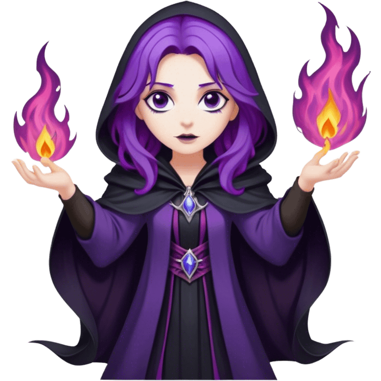 A dark sorceress with wavy purple hair, wearing a black cloak, summoning violet flames emoji