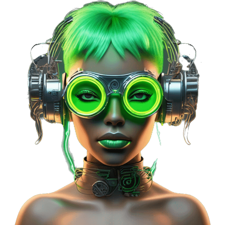 Neon green bobbed hair Latina female cyborg head with silver steampunk goggles and circuits emoji