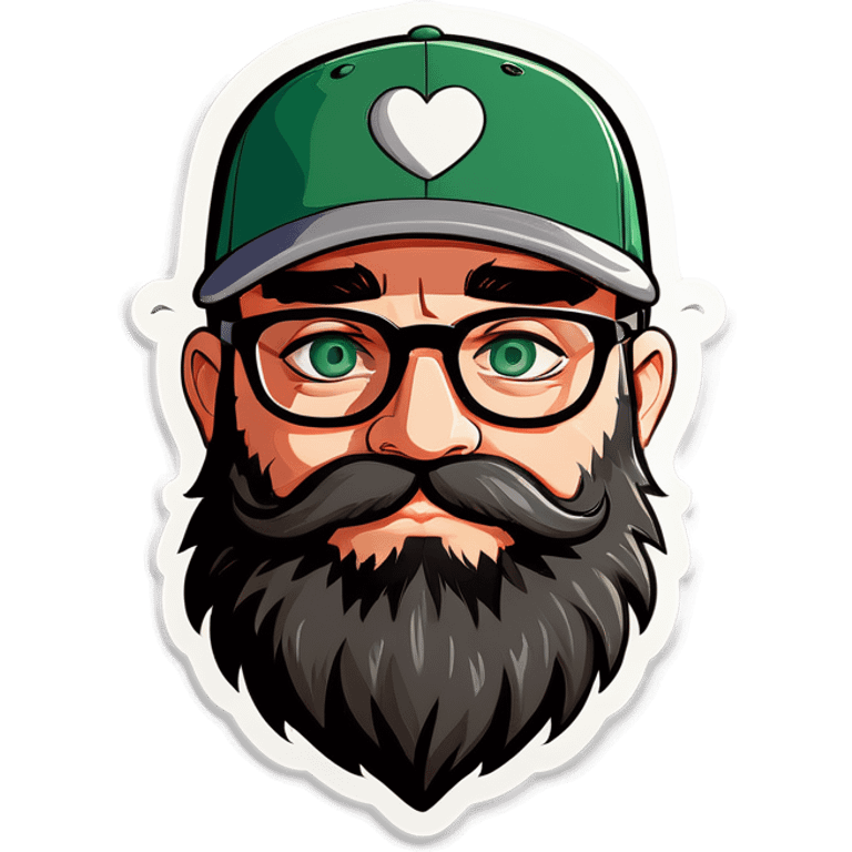 A bold man with a grey baseball cap, green eyes, big beard and glasses hugging heart emoji