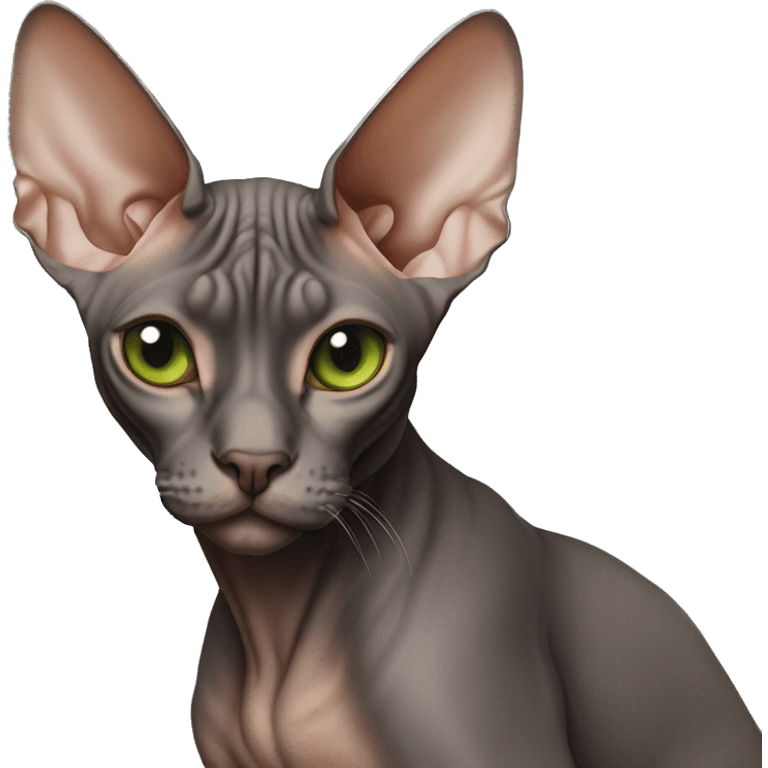 Dark brown Gray sphynx cat , orange nose , green eyes  emoji