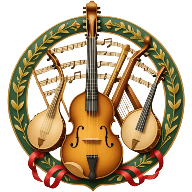 Design a sophisticated, festive, and professional emblem-like emoji representing both plucked and string instruments. The composition should resemble a heraldic crest, featuring a harmonious blend of instruments like a banjo, mandolin, domra, sitar, and others. The necks of these instruments should intertwine gracefully with a flowing ribbon of musical notes, wrapping around the strings and headstocks. The instruments should be artistically detailed, with decorative fretboards, intricate inlays, and ornate carved elements. The overall design should evoke a sense of elegance and craftsmanship, with a color palette of gold, deep wood tones, and rich accents. Include subtle highlights to create depth and dimension, with ornamental flourishes like laurel branches or swirling patterns around the central instruments. The background should be transparent to allow the emblem to stand alone. emoji