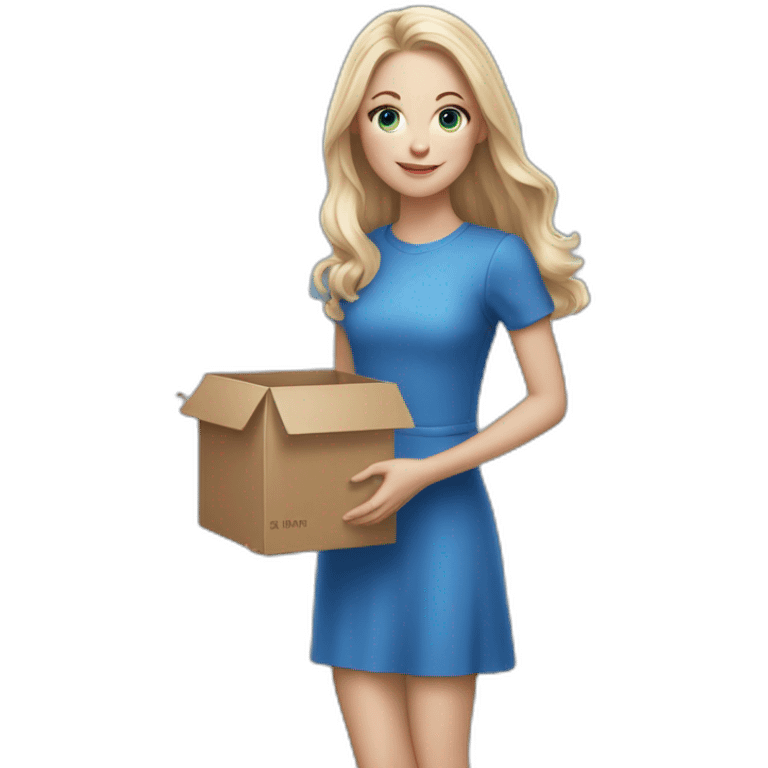 realistic white blode long hair girl in a blue dress holding a box with effort emoji