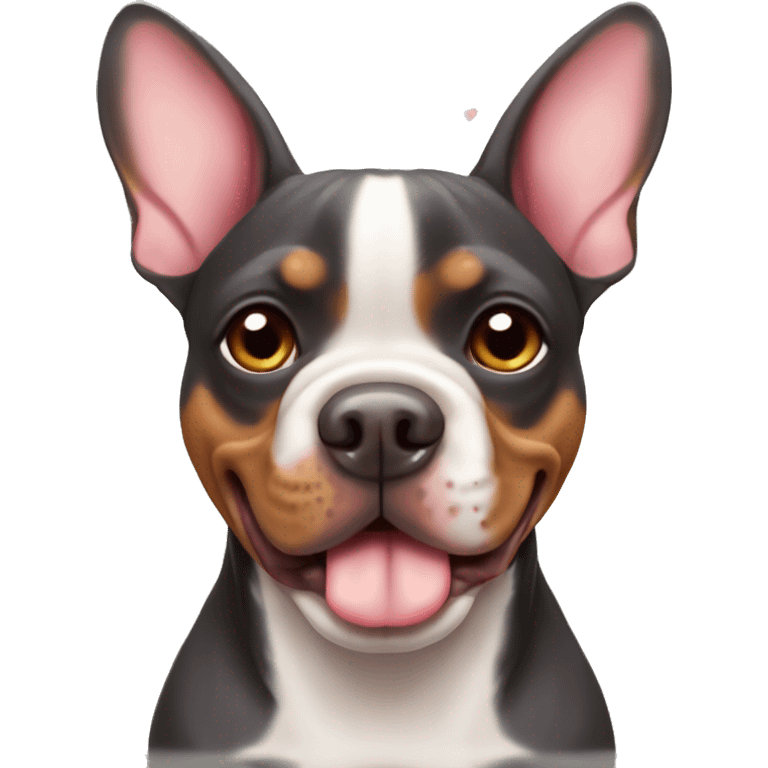 Doberman-colored French bulldog with hearts around him emoji