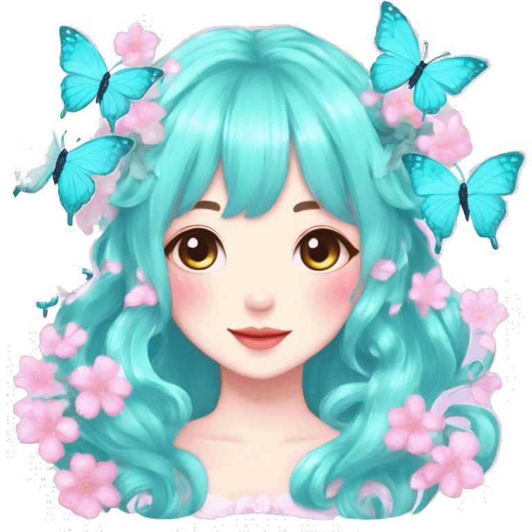 Gorgeous Shiny Pastel cyan Anime-Style Lady Butterflies flower petals leaves cottagecore fairycore pastelcore kawaii aesthetic trending style emoji