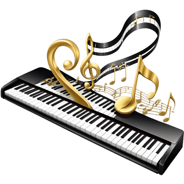 Create a detailed and elegant emoji collage representing keyboard instruments in a celebratory and professional style, reminiscent of a coat of arms. The design should feature a central arrangement of black and white piano keys, forming a symmetrical, powerful image. Around the keys, include a flowing ribbon of musical notes that intertwines with the keys, creating a sense of movement and harmony. Use gold and silver accents to highlight the keys and musical notes, giving the design a festive, high-quality appearance. The design should convey professionalism, elegance, and a sense of occasion. Add subtle reflections on the piano keys to enhance the polished look. The background should be transparent. emoji