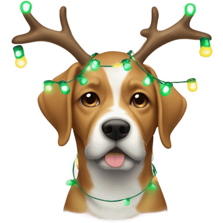 Dog with Christmas lights wrapped around him and deer antlers  emoji