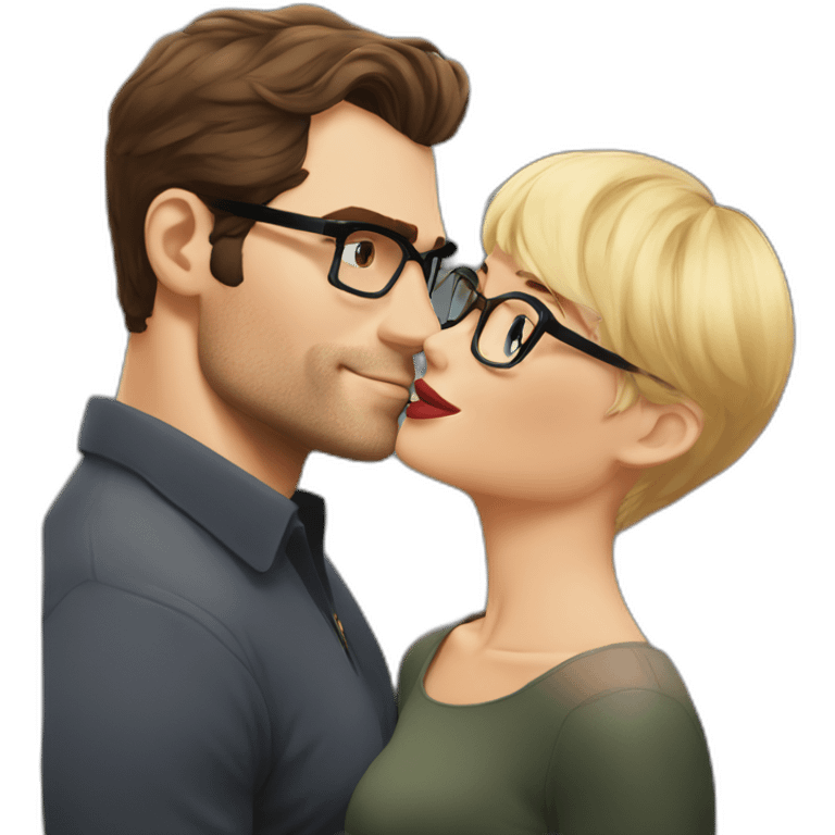 Henry Cavill kissing blond woman wearing glasses, with pixie cut emoji