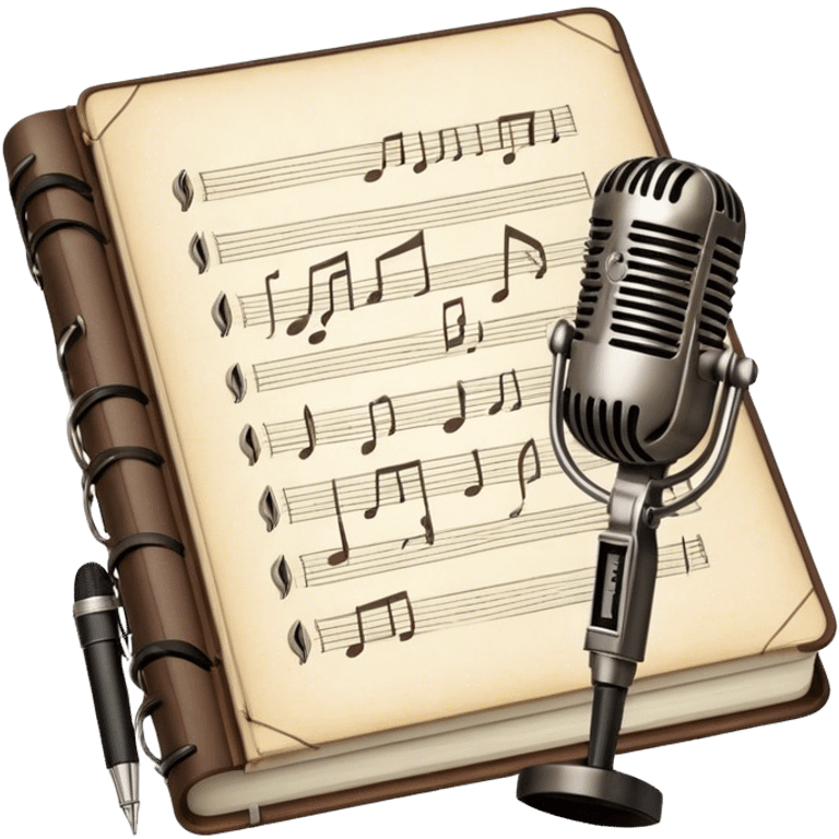 Create an emoji representing songwriting. The design should feature an open notebook or sheet music with visible lyrics between the musical notes, symbolizing the process of writing song lyrics. The text between the notes should be clearly visible. A pen or pencil should be placed near the notebook, indicating active writing. Optionally, include a single vintage microphone lying beside the notebook (not on the music notes) to add a creative touch. Use a harmonious color palette with warm and neutral tones. Do not include any emojis or smiley faces. Make the background transparent. emoji