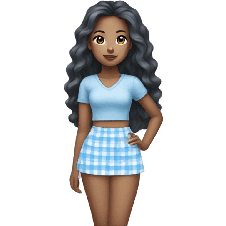 Pretty mixed Asian black girl with long wavy hair wearing a baby blue and white plaid mini skirt  emoji