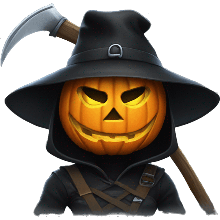 Human female pumpkin hunter with a scythe, glowing pumpkin eyes inside a black helmet, Halloween theme, emoji emoji