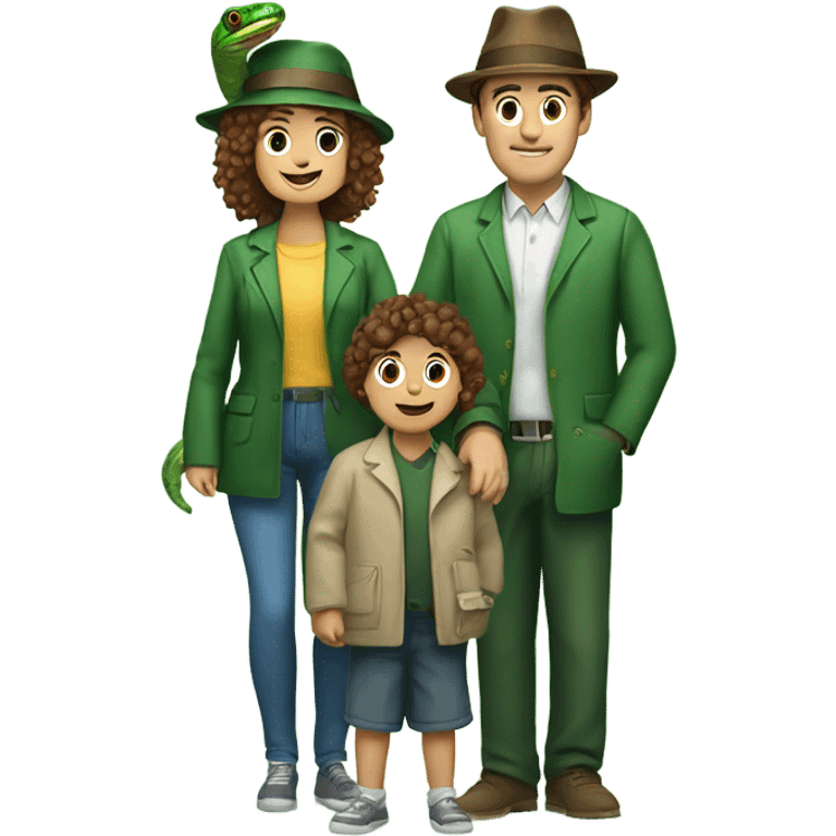 Family, mum with brown bob hair and a PhD hat, dad with brown kind of curly hair, mum holding a girl baby, dad holding a green snake on his shoulder emoji