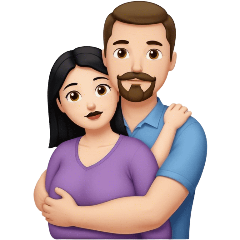 Couple, Tall strong white man with brown mustache goatee hugging a chubby short pale woman with long black hair emoji