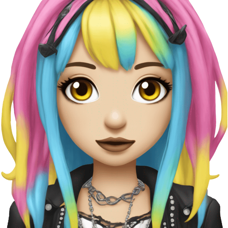 Blue eyed long eye lashes pout blonde and pink hair pale hime gyaru girl, hot pink and yellow split-dyed hair, nose ring, elf ears, dark makeup, punk clothes emoji