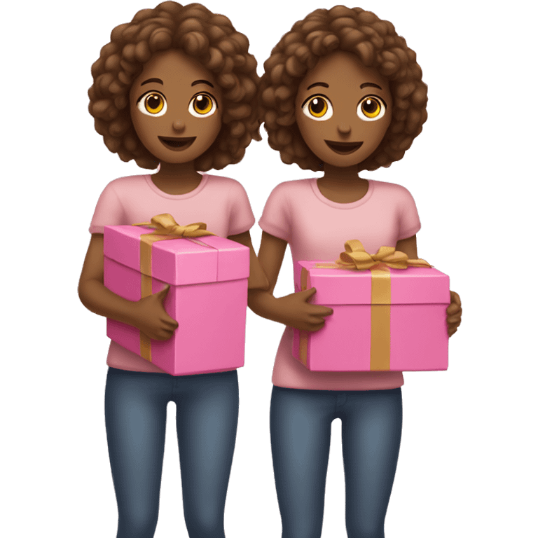 Two tan girls holding a pink small short boxes emoji