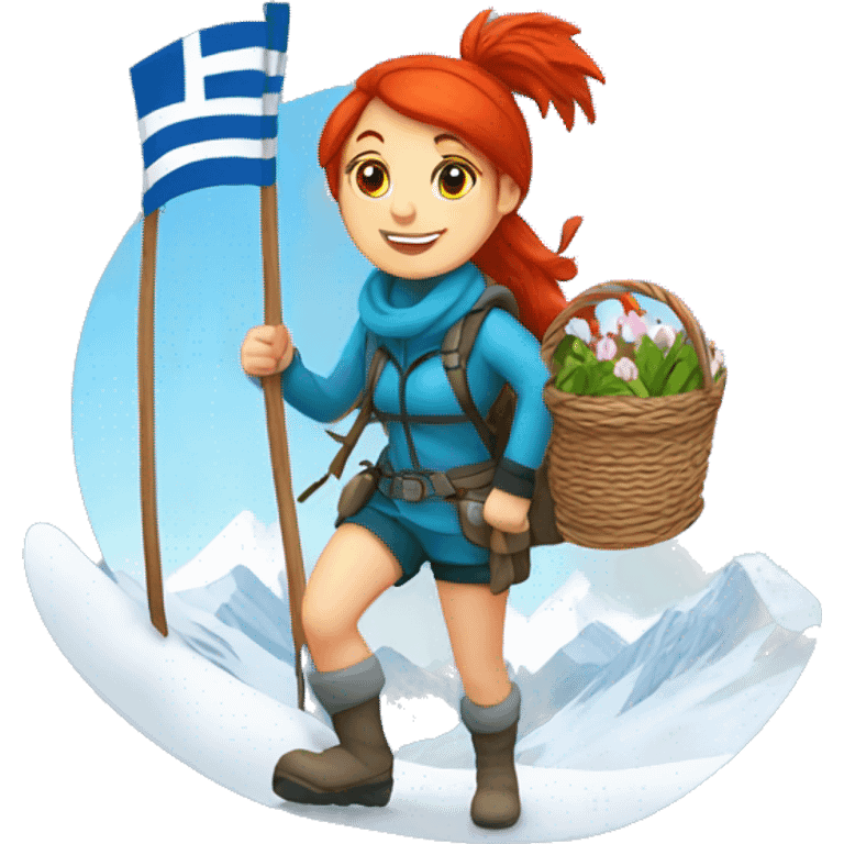 red hair female winter mountaineer climbing with Easter basket and Greek flag emoji