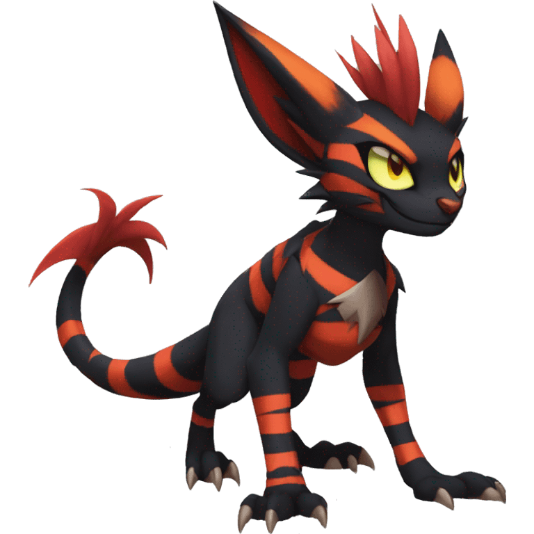 Black Anthro Cool Punk Noivern-Litten-Fakemon-fursona with fangs and stripes Full Body emoji